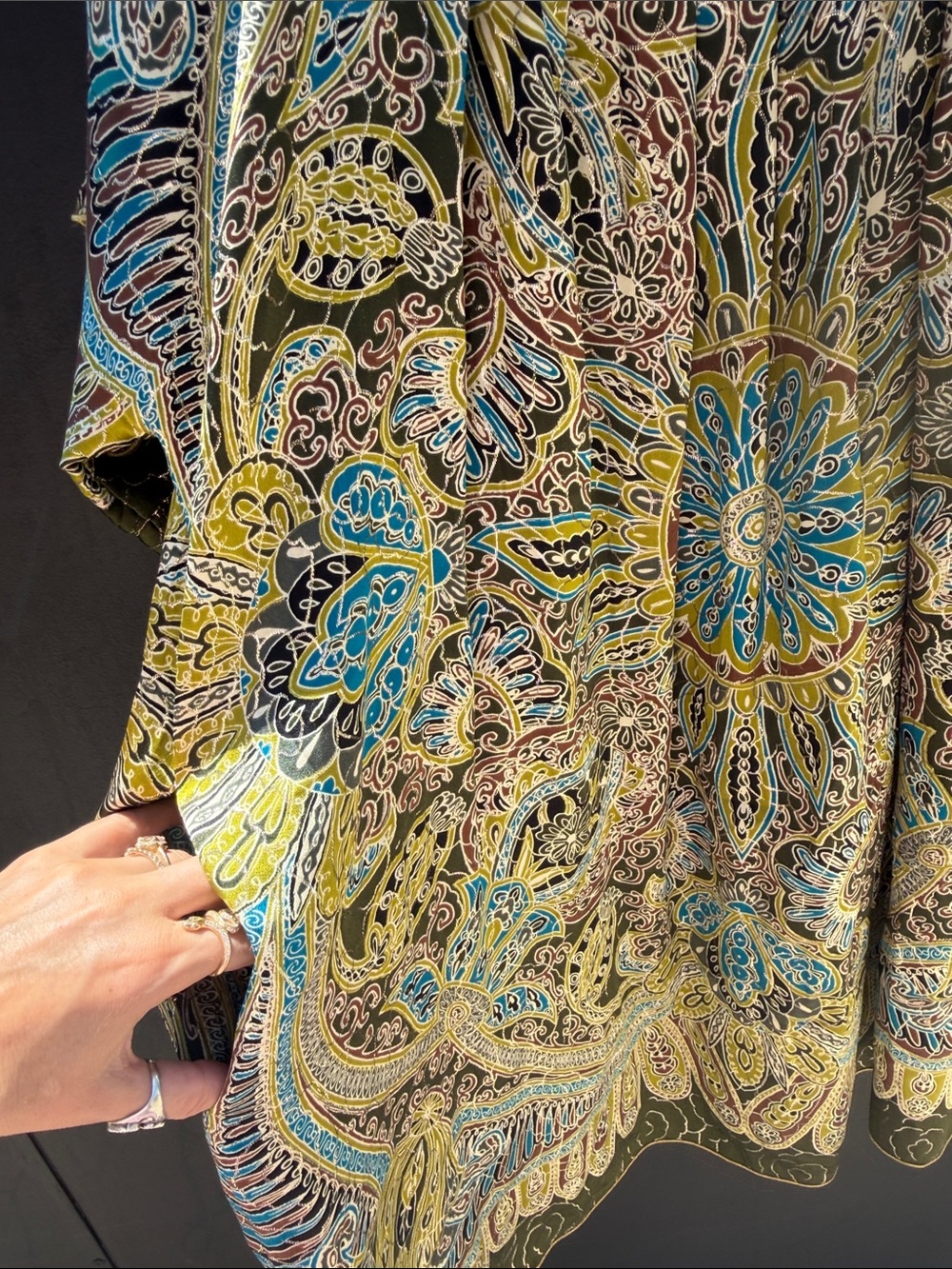 Anna Sui Vtg lamé Olive, chartreuse & Teal Paisley Medallion Dress tunic pockets - Picture 6 of 9